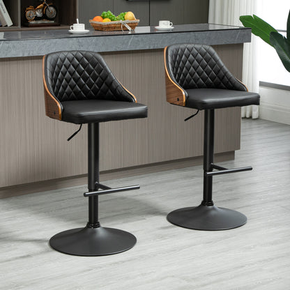 Modern Bar Stools PU Leather Set of 2 Swivel Bar Height Barstools Chairs with Adjustable Height, Round Heavy Metal Base 