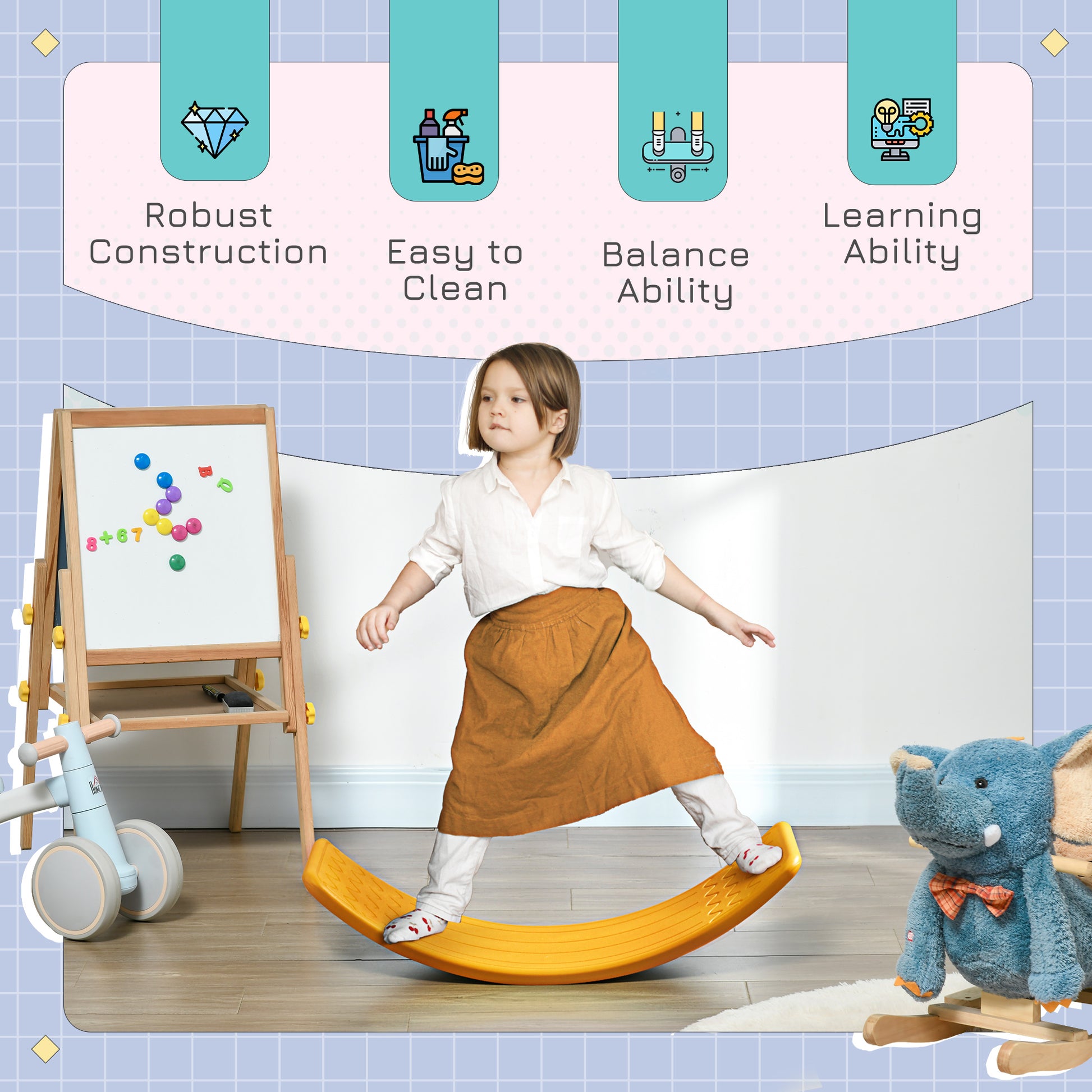 Qaba 32.3" Balance Board, Wobble Board Kids Curvy Rocker Board, Ended Preschool Learning Montessori Waldorf Toy, Yellow