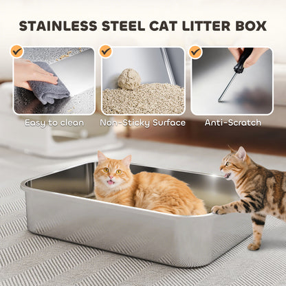 Stainless Steel Cat Litter Box, Easy-Clean Enclosure with Scoop & Flip Lid, 27.6" L x 19.7" W x 18.3" H, White