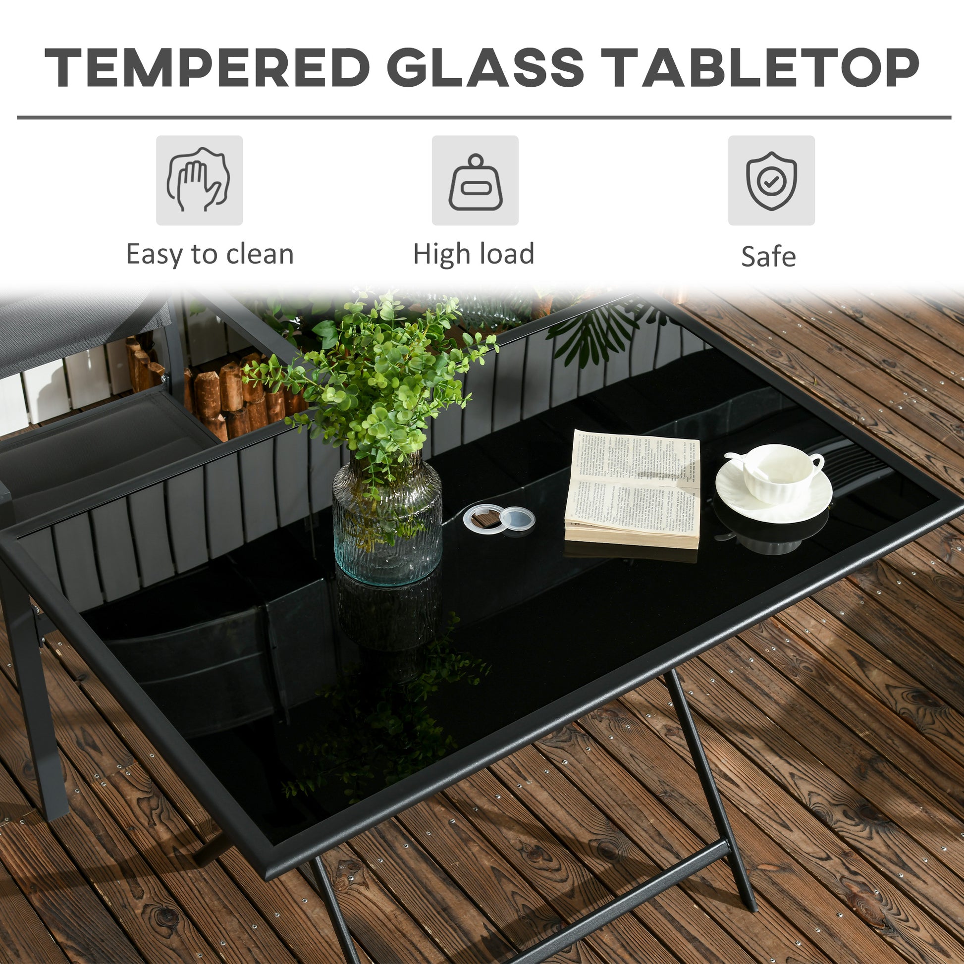 Foldable Outdoor Dining Table with Umbrella Hole, Patio Table for 6 with Glass Top Table, Metal Frame for Garden Lawn Ba