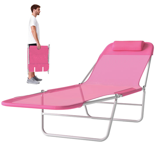 Outdoor Lounge Chair, Portable Reclining Seat, Folding Chaise Lounge, Tanning Chair Bed with Pillow, Pink