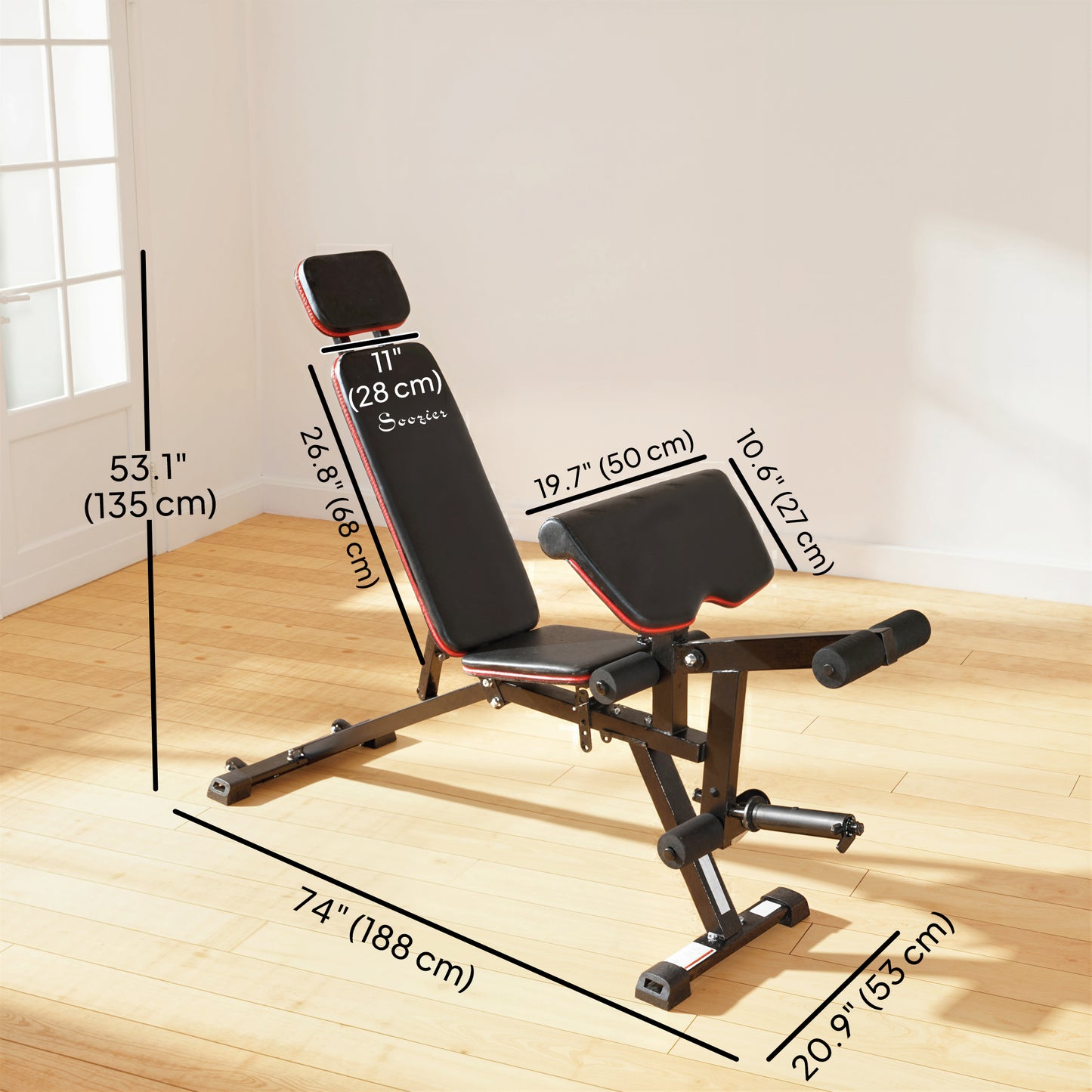 Soozier Adjustable Weight Bench with Wheels, Load 660LBS Workout Bench with Leg Extension, Preacher Curl and Resistance 