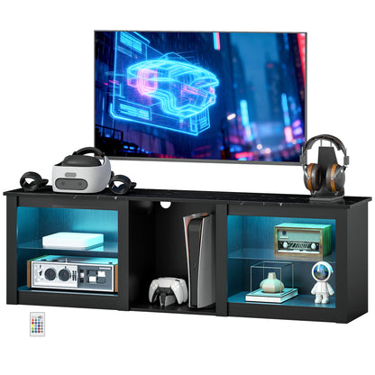 TV Stand with LED Lights, Modern Entertainment Center with Adjustable Glass Shelves, for TVs up to 70 Inch, Black