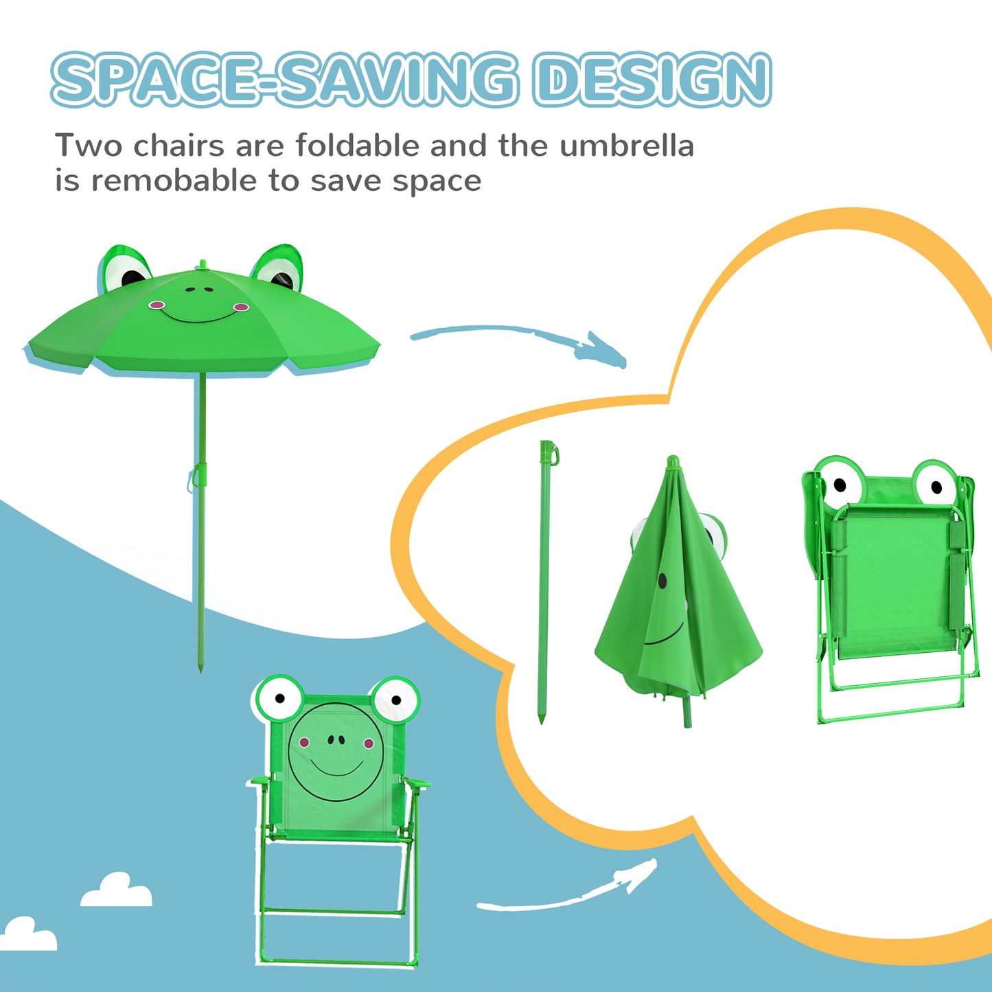 Kids Folding Picnic Table and Chair Set Pattern Outdoor Garden Patio Backyard with Removable & Height Adjustable Sun Umb