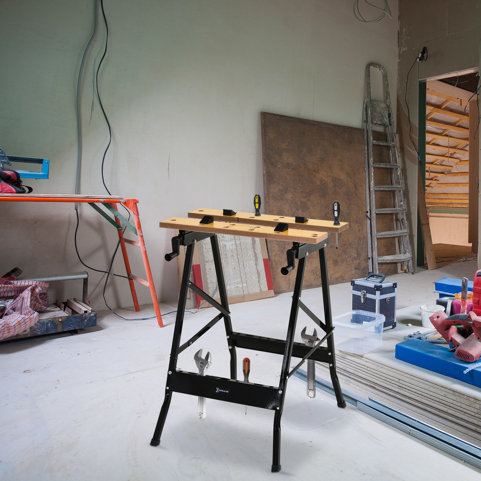 Foldable Work Bench w/ 4 Adjustable Clamps, Carpenter Saw Table, MDF Surface, Steel Frame, Portable Work Bench 100kg/220