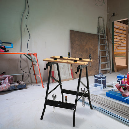 Foldable Work Bench w/ 4 Adjustable Clamps, Carpenter Saw Table, MDF Surface, Steel Frame, Portable Work Bench 100kg/220