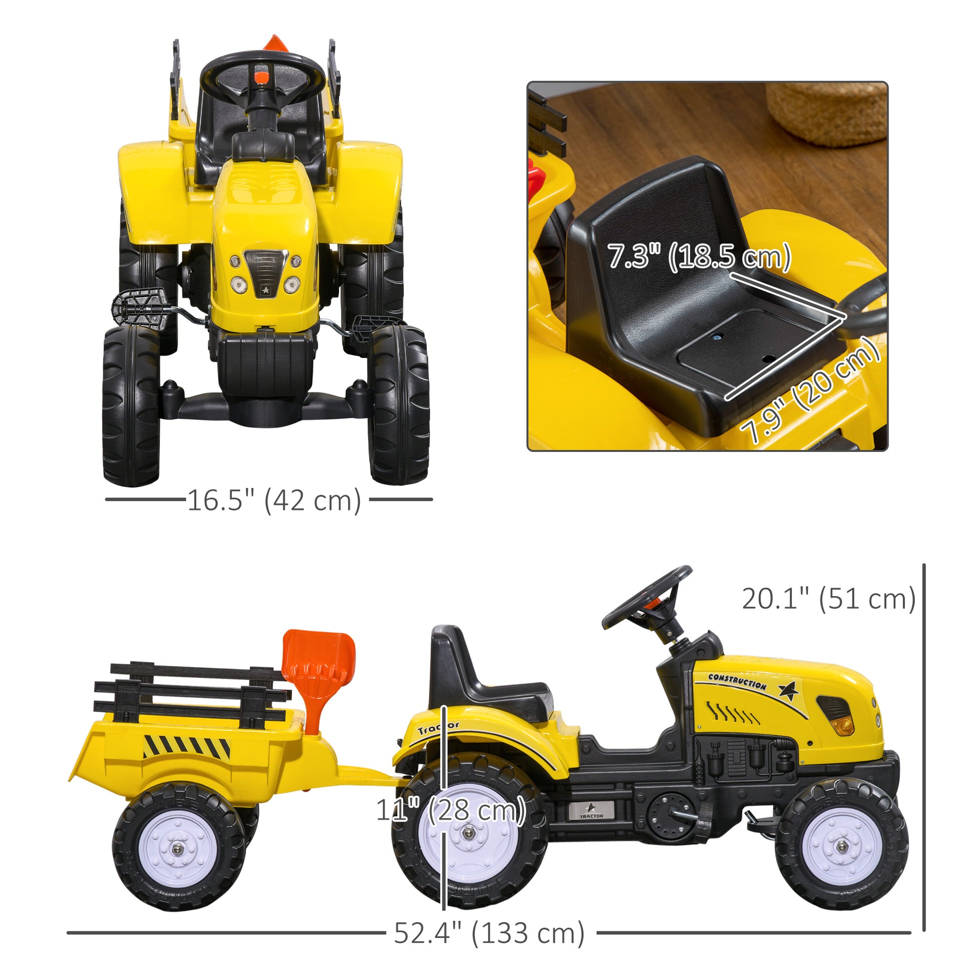 VarietyKart Ride on Excavator with Back Trailer, Shovel & Rake for 3+ Year Old