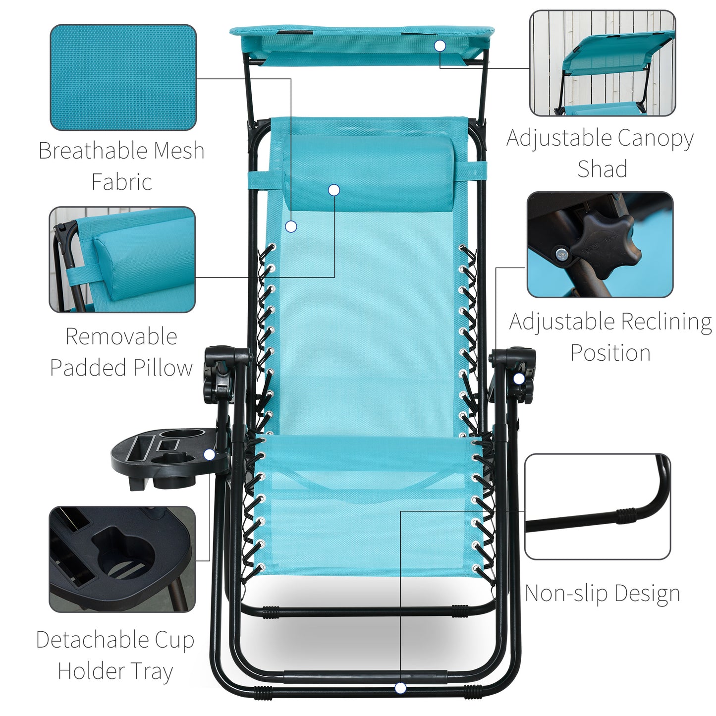2 Piece Foldable Lounge Chair with Canopy Shade, Outdoor Zero Gravity Chair w/ Side Tray & Cup Holder, Reclining Lounger