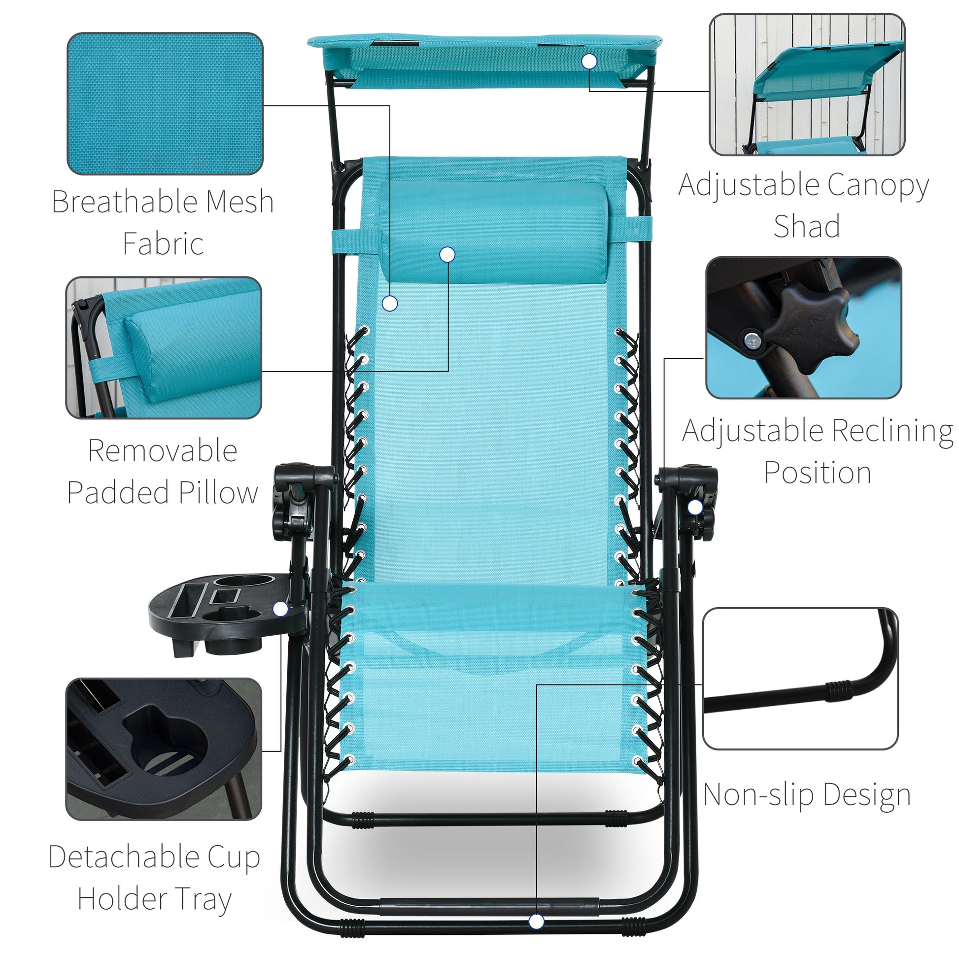 2 Piece Foldable Lounge Chair with Canopy Shade, Outdoor Zero Gravity Chair w/ Side Tray & Cup Holder, Reclining Lounger