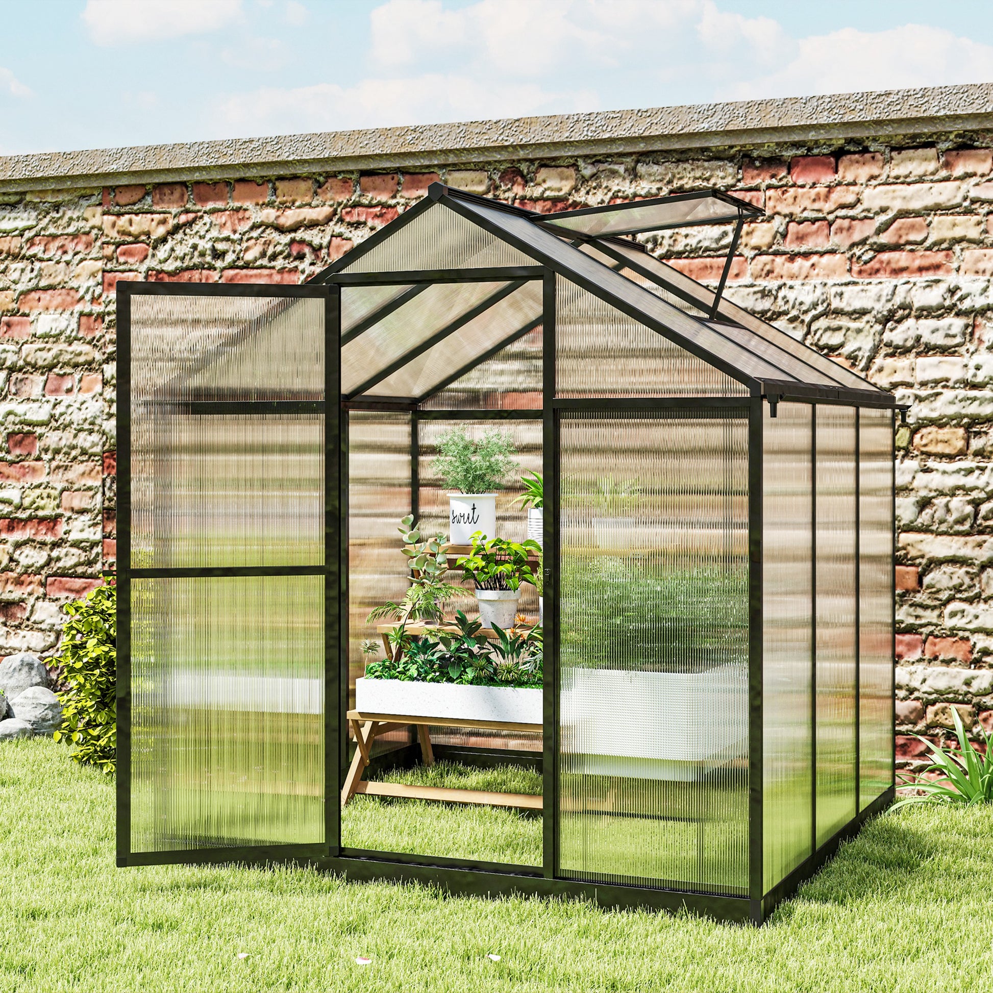 6' x 8' x 6.4' Polycarbonate Greenhouse, Aluminum Walk-In Green House Kit Garden, Plants Grow with Rain Gutter and Roof 