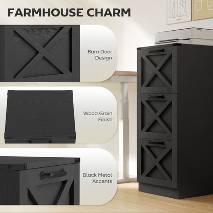 3 Drawer File Cabinet with Silent Slides, Vertical Farmhouse Filing Cabinet Fits Letter/A4 Size Home Office, Black