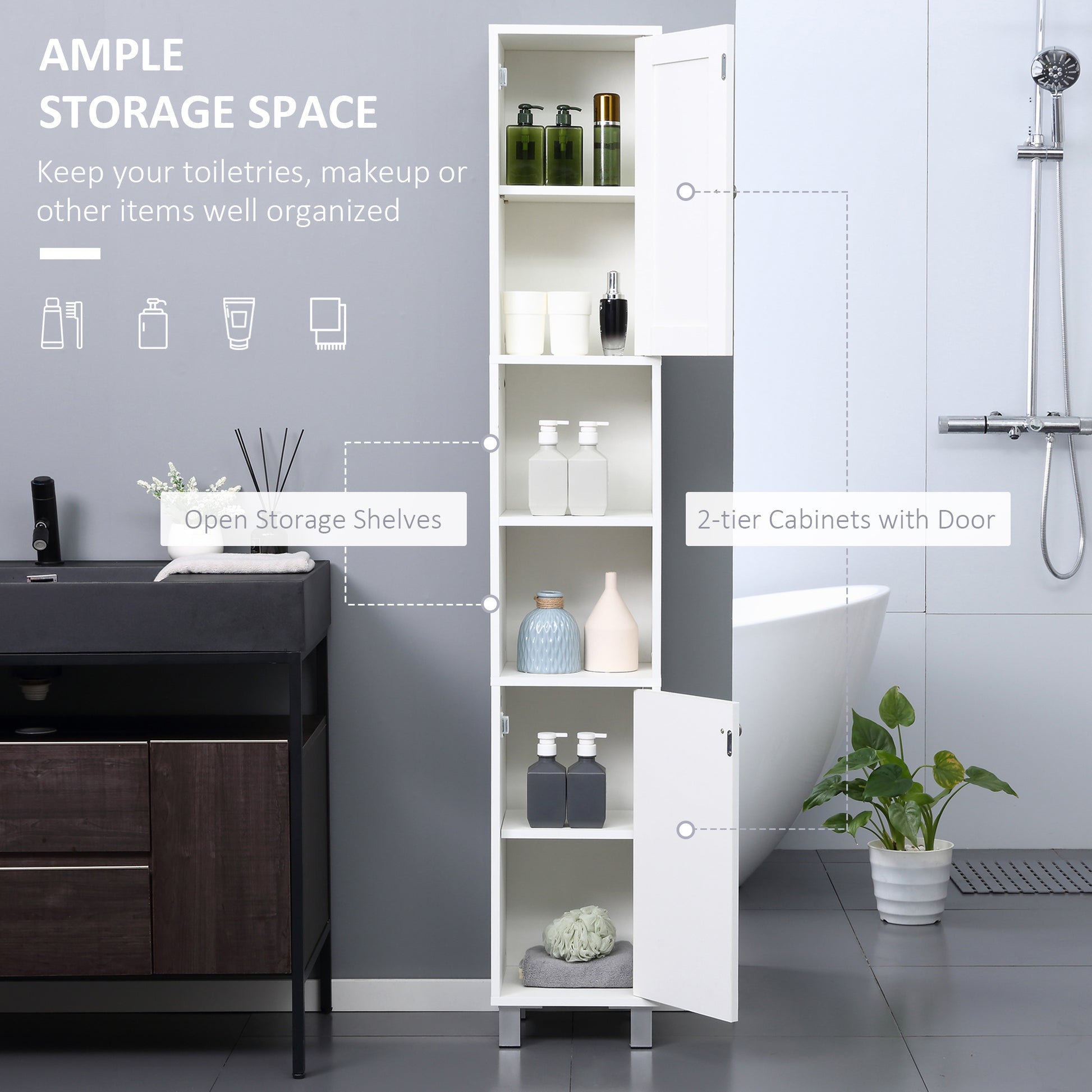 Tall Bathroom Storage Cabinet with Mirror, Freestanding Narrow Linen Tower Cabinet with Adjustable Shelves for Bathroom,