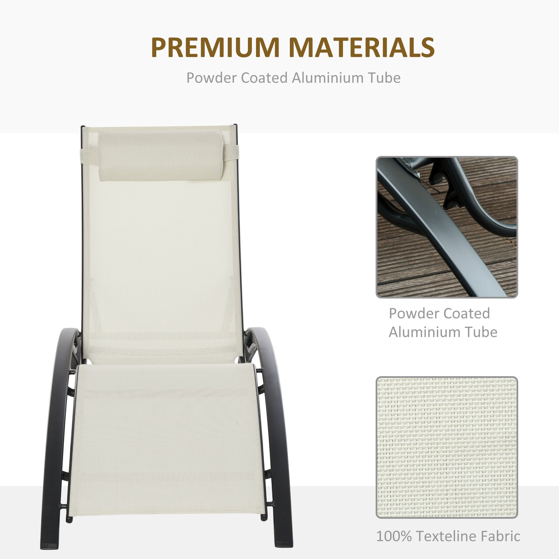 Patio Lounge Chair, Aluminum Reclining Outdoor Tanning Chair with 5-Level Adjustable Backrest, Head Pillow and Breathabl
