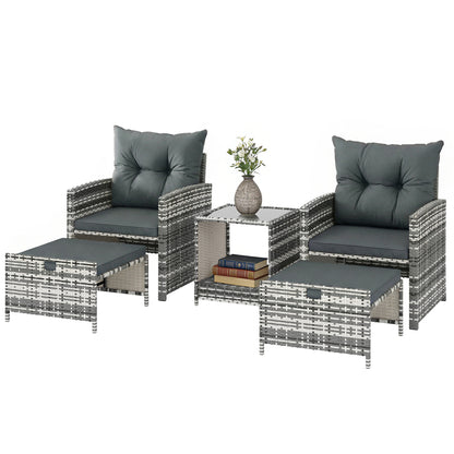 5 Piece Patio Furniture Set, Wicker Patio Chairs with Ottomans, 2-Tier Glass Coffee Table and Cushions, Grey/Dark Grey