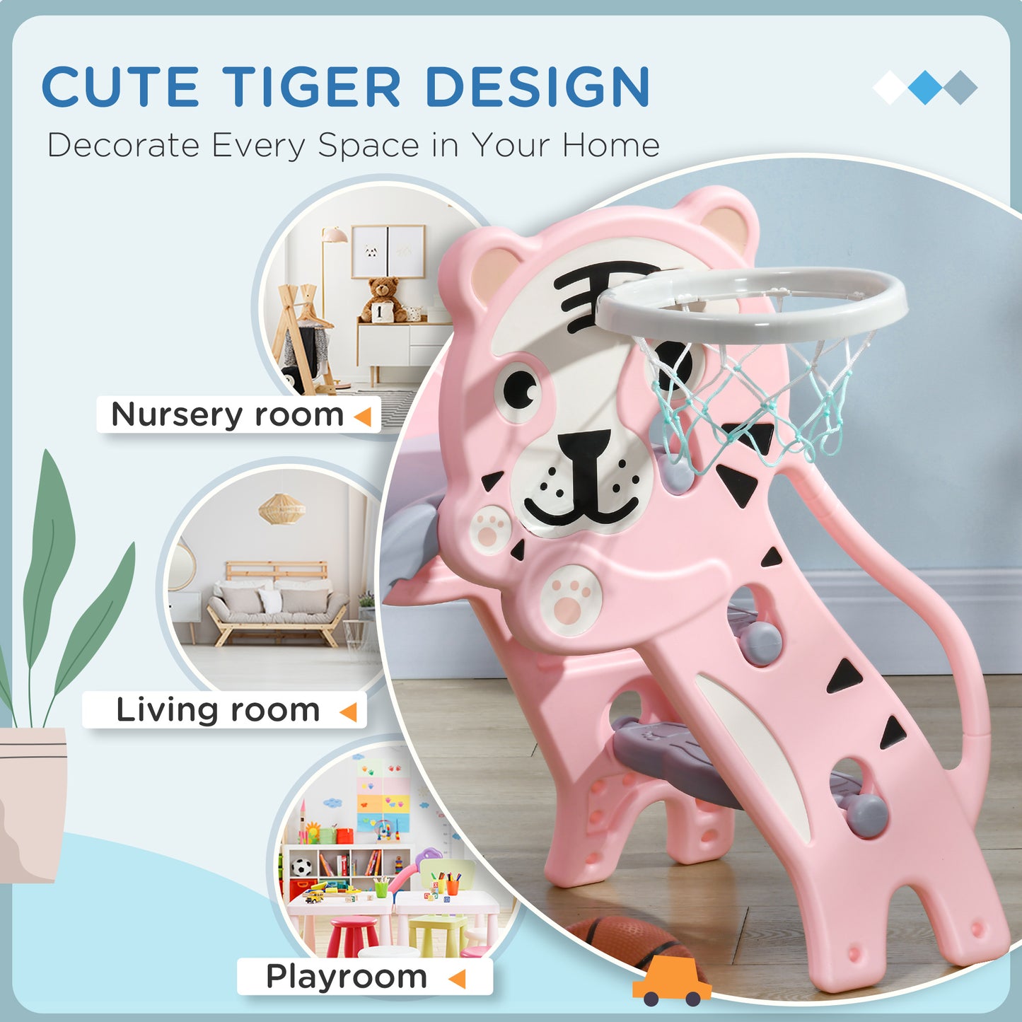 Qaba 3 in 1 Slide for Toddlers, Kids Slide Playset with Basketball Hoop, Climber, for 18-36 Months, Pink