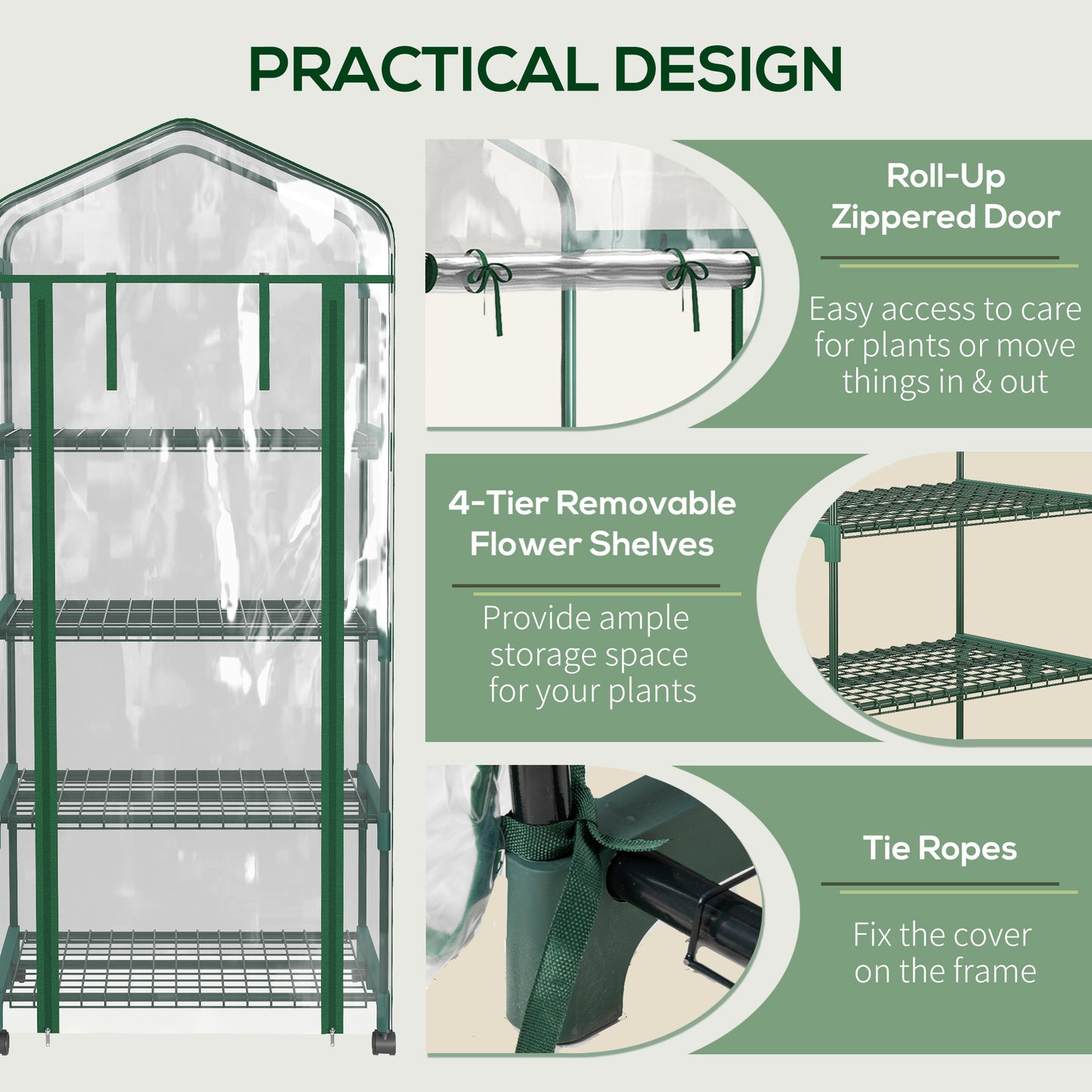 27" x 20" x 65" Portable Greenhouse with 4 Tier Shelves and Wheels, Outdoor Hot House Plant Flower Greenhouse, Steel Fra