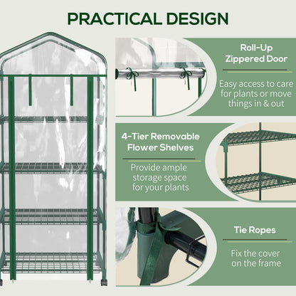 27" x 20" x 65" Portable Greenhouse with 4 Tier Shelves and Wheels, Outdoor Hot House Plant Flower Greenhouse, Steel Fra