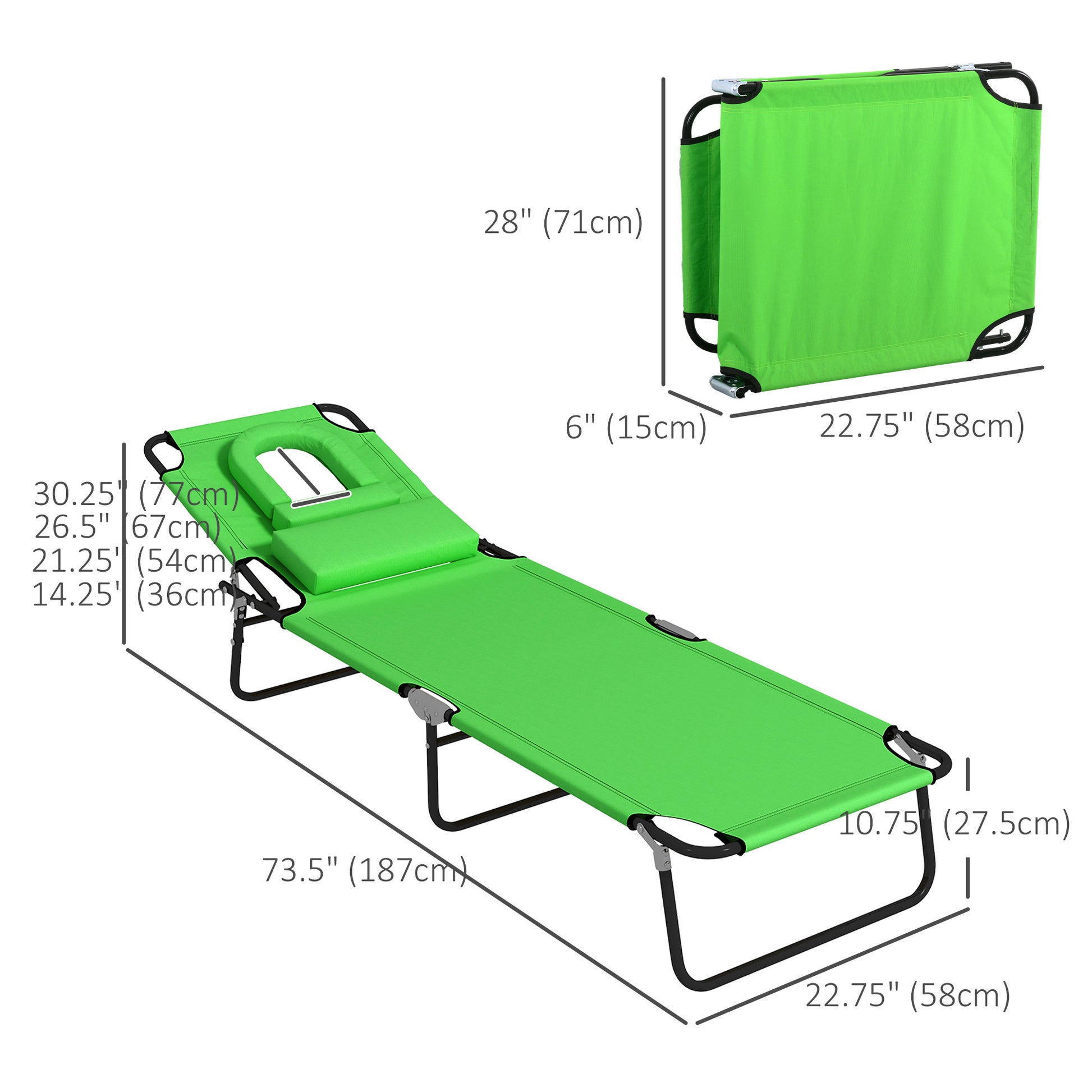Folding Lounge Chair Set of 2, Reclining Beach Tanning Chair with Face Hole, Pillow, 4-Position Adjustable Flat Sun Loun