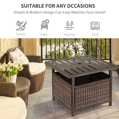 21.75" Outdoor Rattan Wicker Patio Coffee Table with Umbrella Hole, Patio Side Table with Slatted Metal Top, Brown