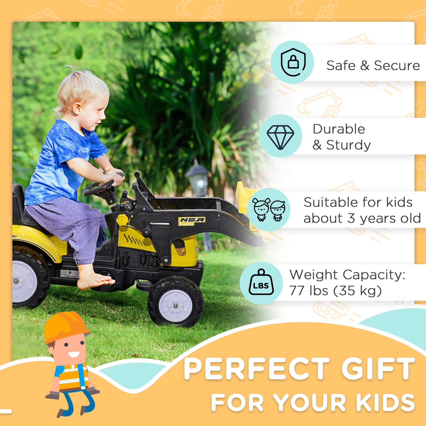 VarietyKart Ride on Tractor for Kids, Pedal Construction Car with Front Loader Digger for 3 Years Old, Yellow