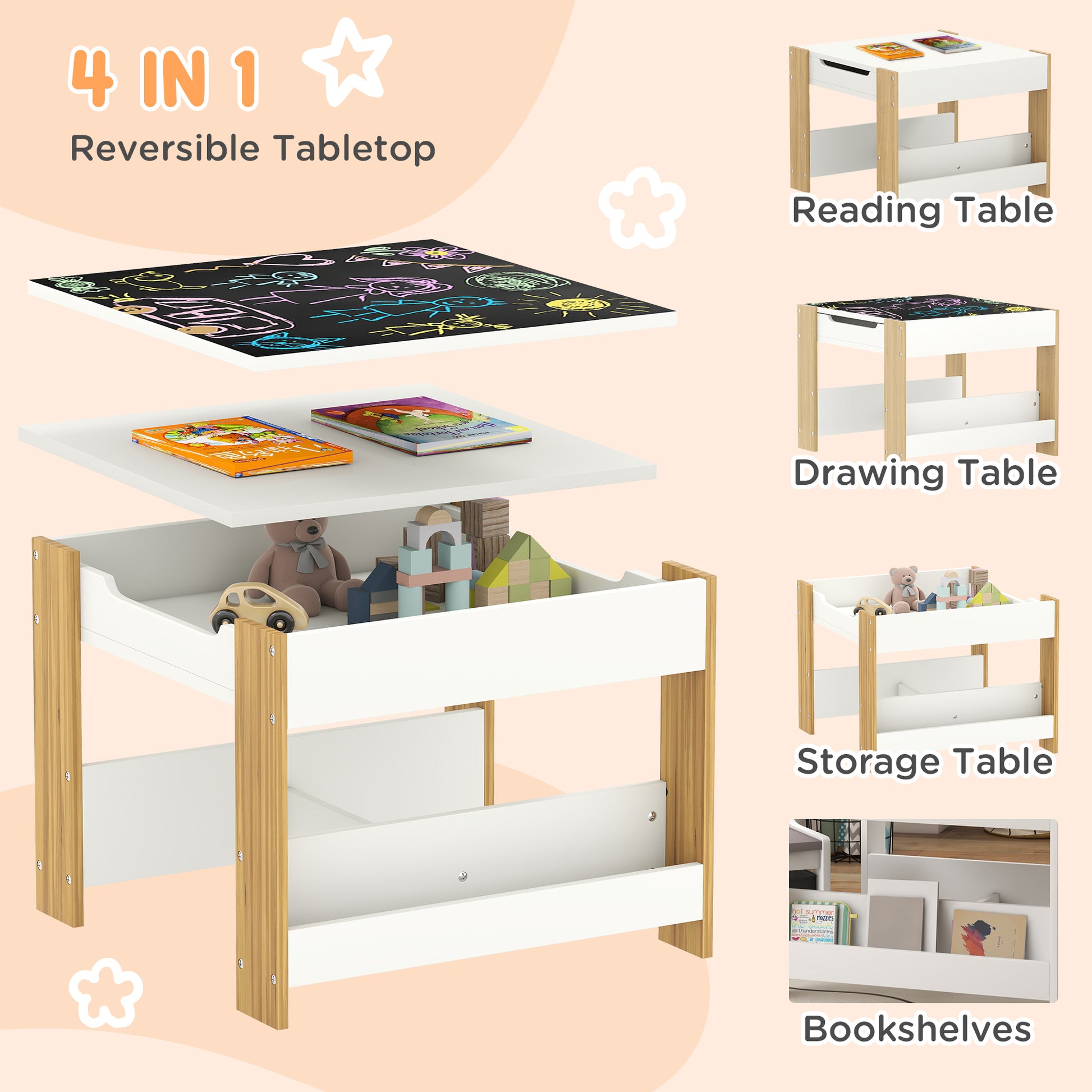 Qaba 3 Piece Kids Table and Chair Set with Reversible Tabletop, Blackboard, Storage, Bookshelf, for Playroom, Nursery Na