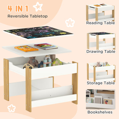 Qaba 3 Piece Kids Table and Chair Set with Reversible Tabletop, Blackboard, Storage, Bookshelf, for Playroom, Nursery Na