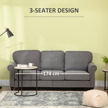3-Seater Sofa Couch, 81" Modern Upholstered Linen Fabric Sofa with Rubberwood Legs, Nailhead Trim and Rolled Arms for Li