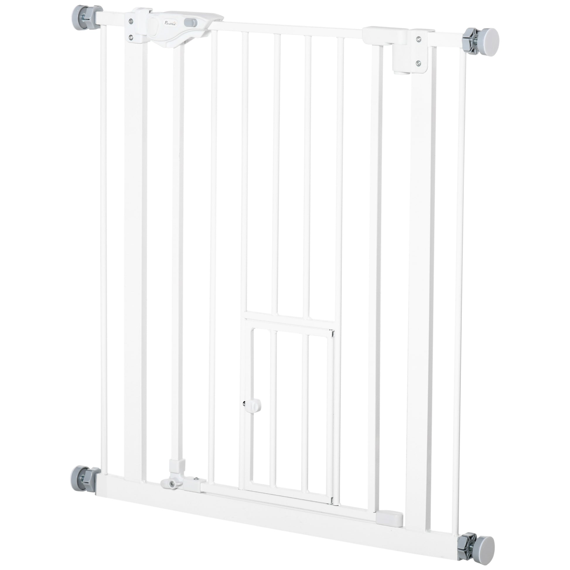 Pet Gate Extra Wide Press-Mounted with Cat Door, Auto Closing Pet Gate for Stair, Hallway, 29-32 Inch, White