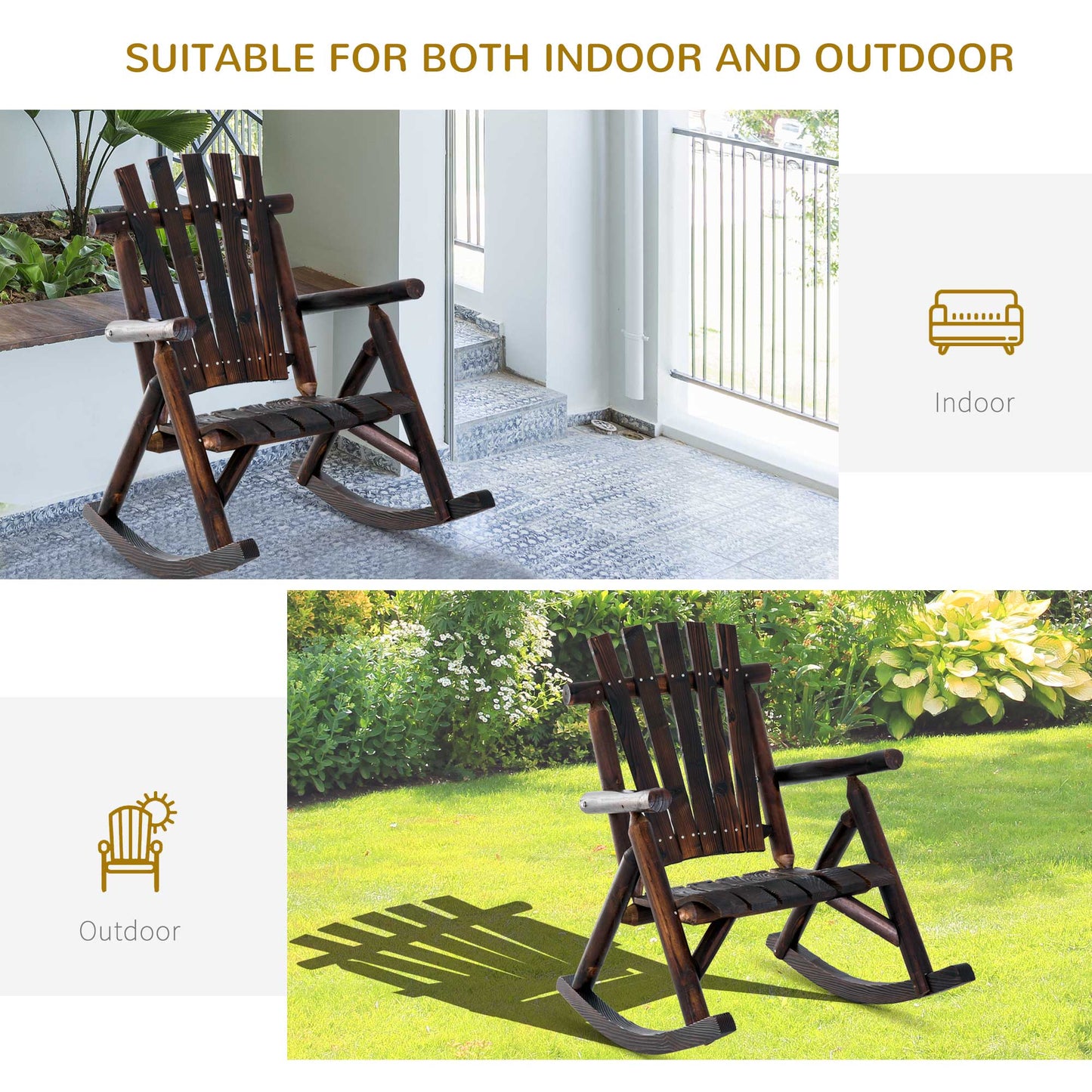 Outdoor Rocking Chair, Wooden Adirondack Outdoor Rocker with High Back, Slatted Seat, Oversized Rustic Patio Rocking Cha