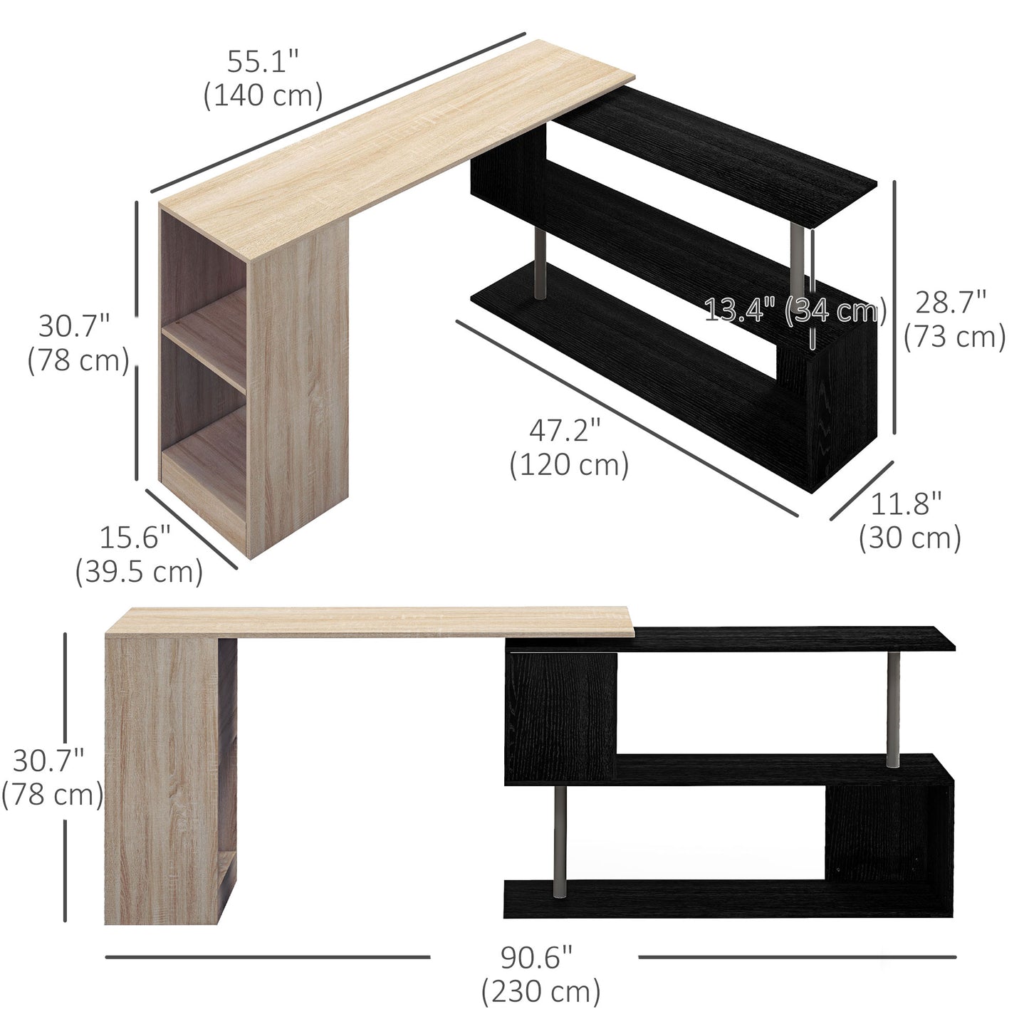 55" Corner Computer Desk, 360° Rotating L-Shaped Desk, Home Office Workstation with 3-Tier Shelves, Bookshelf