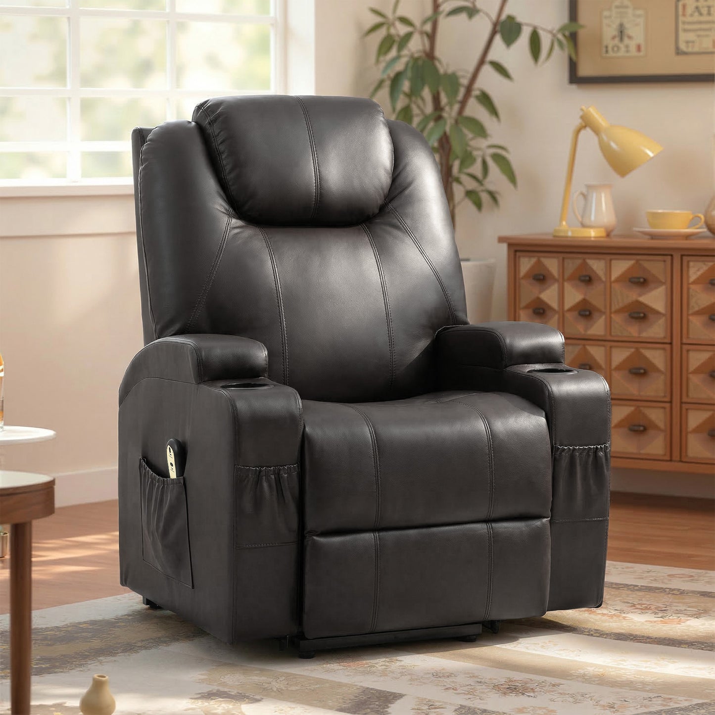 Power Lift Recliner Chair for Elderly, PU Leather Lift Chair with Thick and High Back, Footrest, Remote, Side Pockets, C