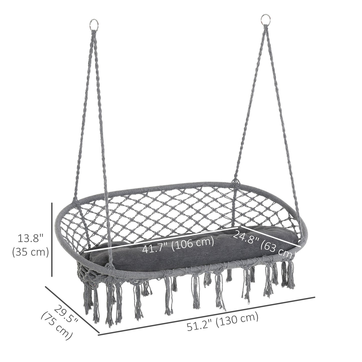 Patio Hammock Chair 2 Seat, Hanging Rope Hammock Swing Chair with Metal Frame and Cushion, Large Macrame Seat for Indoor