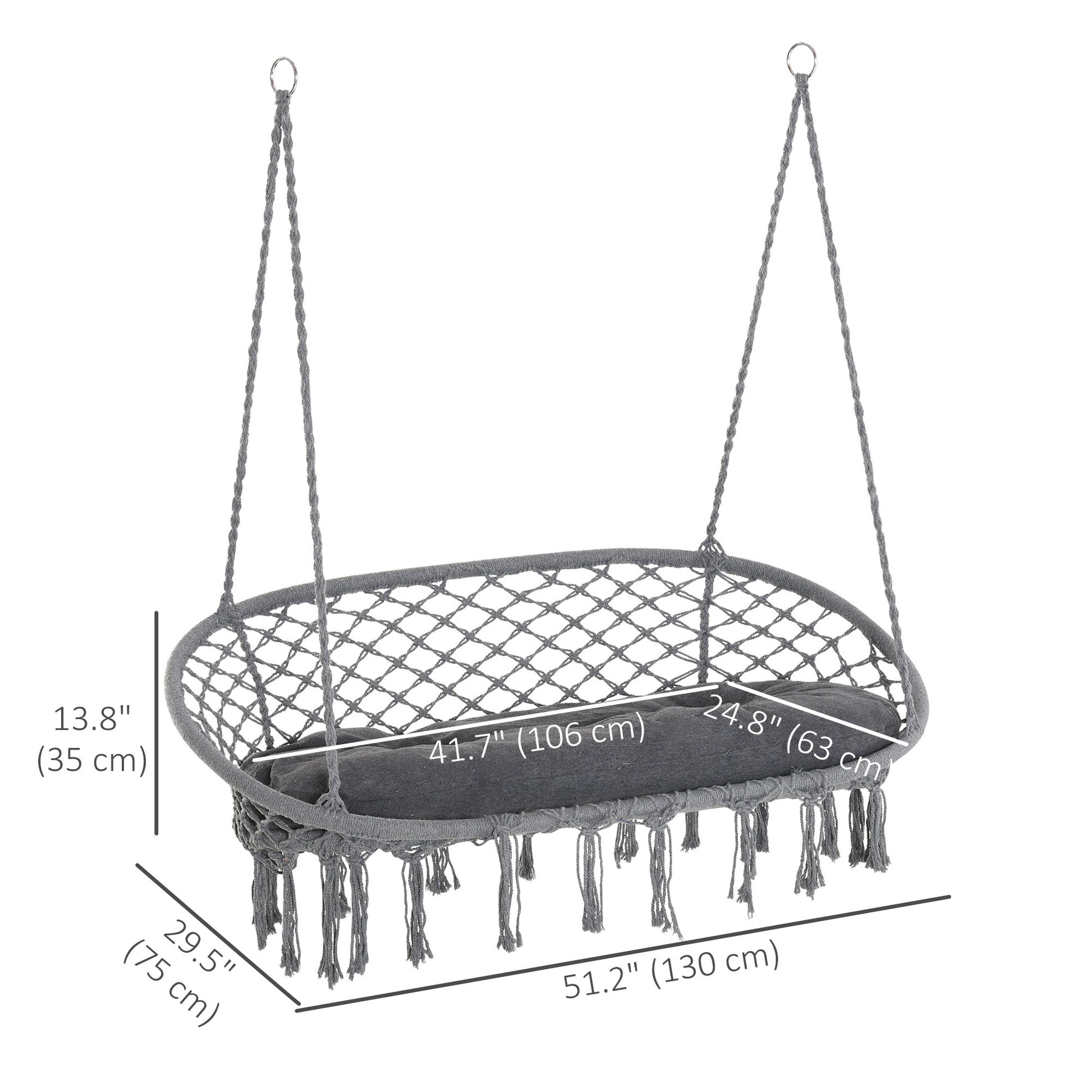 Patio Hammock Chair 2 Seat, Hanging Rope Hammock Swing Chair with Metal Frame and Cushion, Large Macrame Seat for Indoor