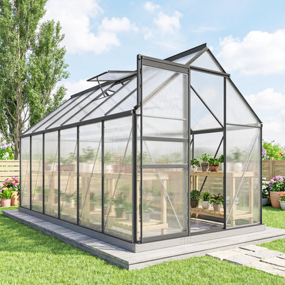 6' x 12' x 6.5' Polycarbonate Greenhouse, Walk-in Green House with Adjustable Roof Vent Galvanized Base Sliding Door Rai
