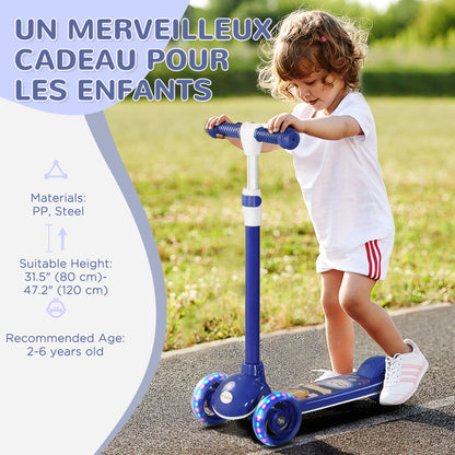 Qaba 3 Wheel Kids Scooter, Toddler Kick Scooter with Adjustable Height, Rear-Fender Brake, LED Light, TPE Handlebar, Blu