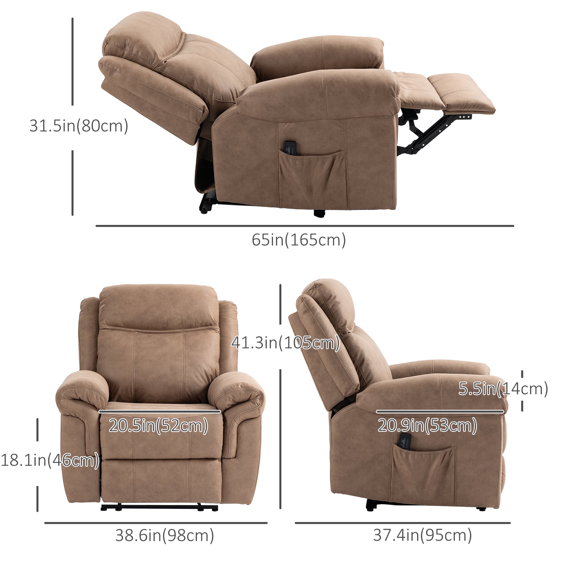 Manual Recliner Chair with Vibration Massage, Side Pockets, Microfibre Reclining Chair Nursing Chair for Living Room, Br