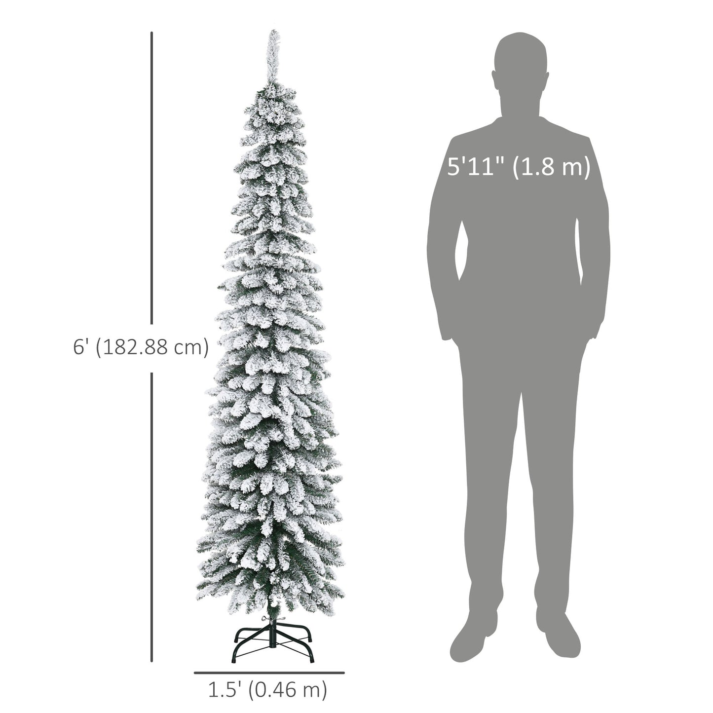 6 Ft Snow-Flocked Artificial Christmas Tree, Slim Pencil Xmas Tree with Realistic Branches, Metal Base, Green
