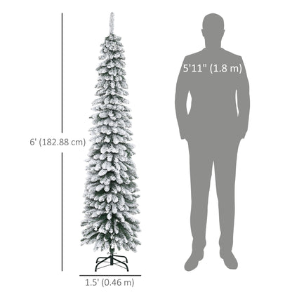 6 Ft Snow-Flocked Artificial Christmas Tree, Slim Pencil Xmas Tree with Realistic Branches, Metal Base, Green