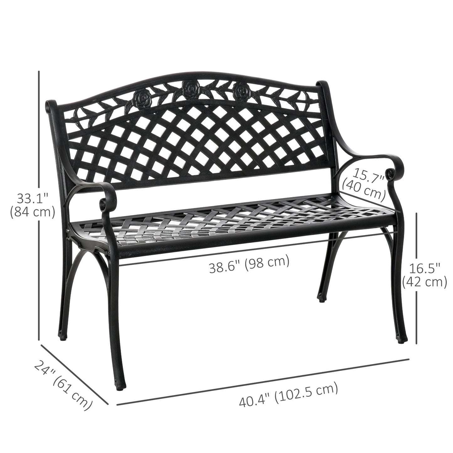 Outdoor Garden Bench, 40" Patio Bench with Aluminum Frame and Armrests, 2-Person Patio Loveseat with Floral Pattern for 