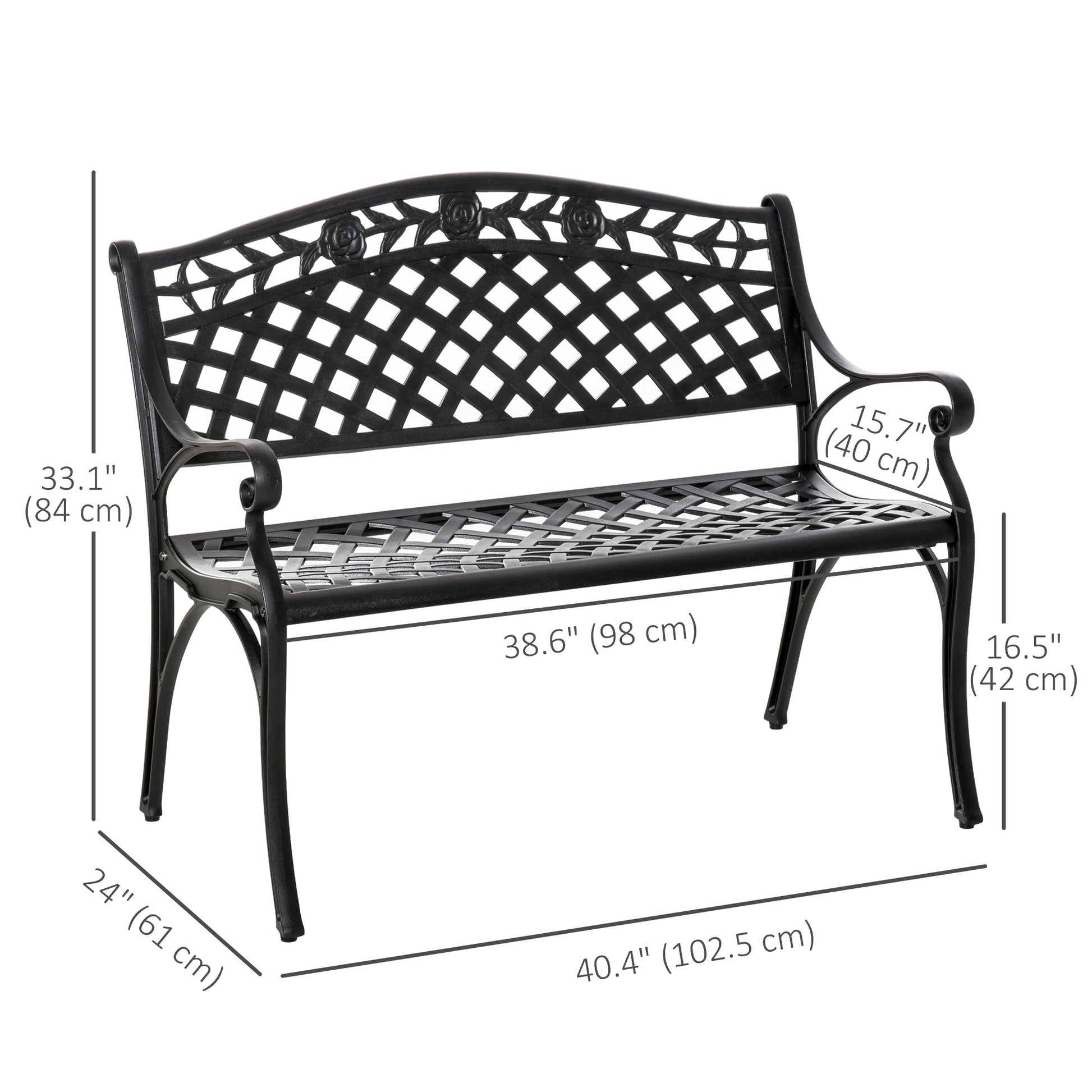 Outdoor Garden Bench, 40" Patio Bench with Aluminum Frame and Armrests, 2-Person Patio Loveseat with Floral Pattern for 