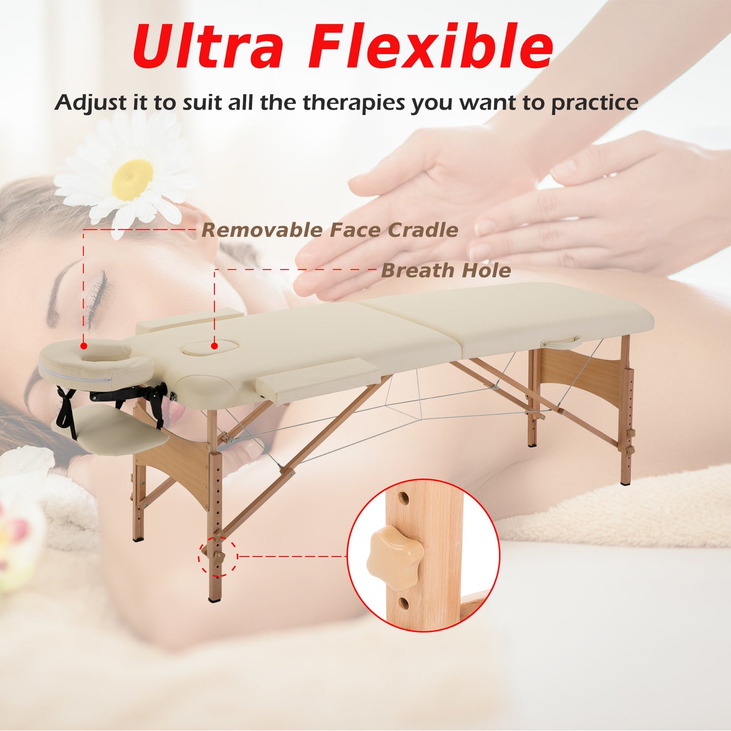 Height Adjustable Professional Salon Spa Facial Couch Bed, Portable Folding Massage Table, Beige