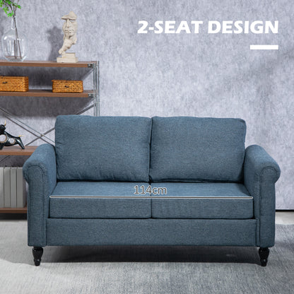 Vintage Loveseat, Upholstered Love Seat Furniture, Fabric 2 Seater Sofa with Rolled Arms, Rubber Wood Legs, Dark Blue