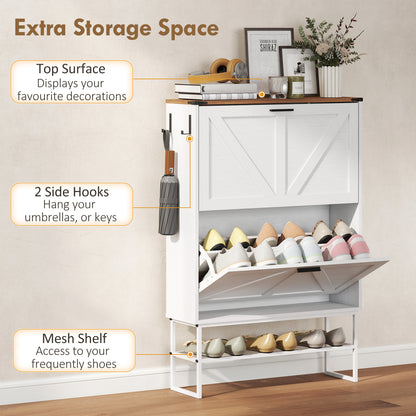 Narrow Shoe Storage Cabinet with 2 Flip Drawers, Slim Shoe Cabinet for 15-20 Pairs, White Wood Grain
