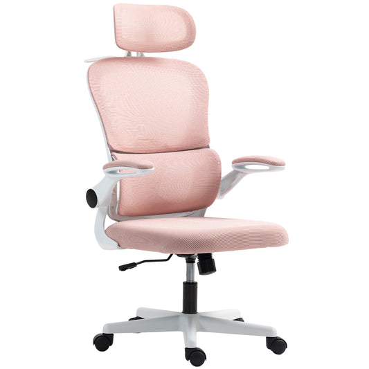 Mesh Office Chair, Ergonomic Desk Chair with Flip-up Armrest, Rotatable Headrest, Adjustable Lumbar Support, Pink