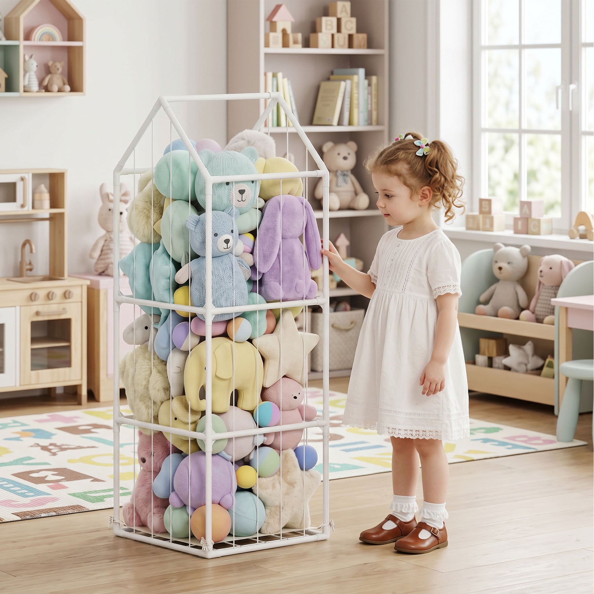 Qaba Stuffed Animal Storage Organizer, Teddy Toy Storage Organizer with Waterproof Bottom for Playroom, Nursery, 47x47x1