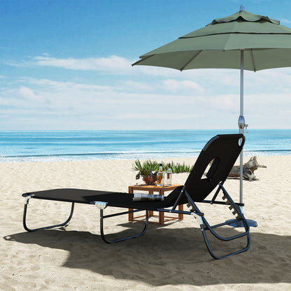 Folding Outdoor Lounge Chair, Portable Reclining Beach Lounger with Face Hole, Detachable Pillow, 4-Position Adjustable 