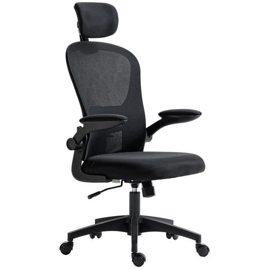 Office Chair, Mesh Computer Desk Chair with Adjustable Headrest, 4D Lumbar Support, Flip-up Arm, Black