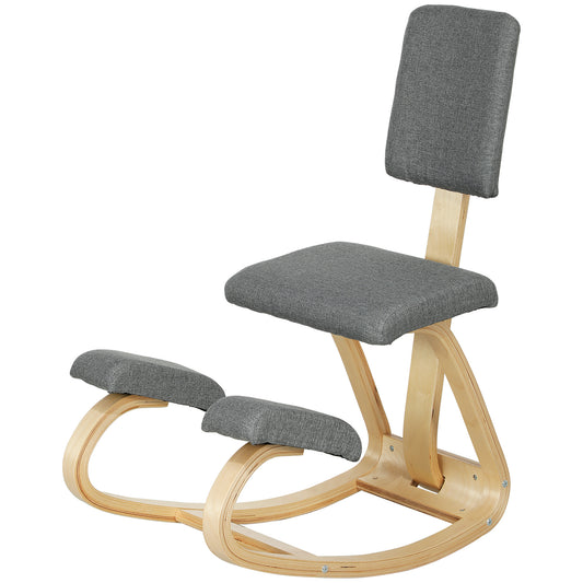 Ergonomic Kneeling Chair, Rocking Wood Kneel Stool with Backrest for Improve Posture, Back Pain, Grey