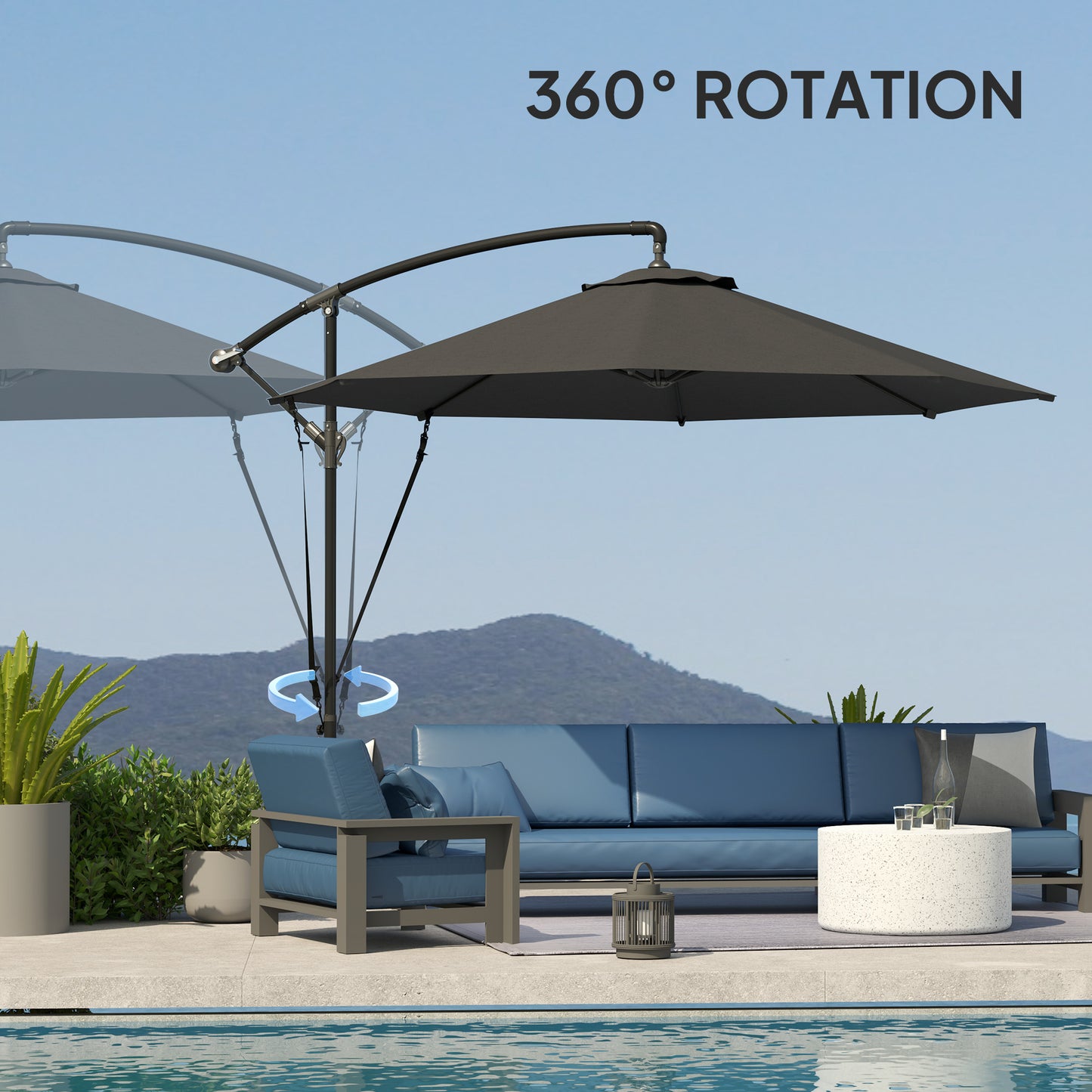 9.5' Cantilever Umbrella with Wind Protection Strap and Cover, Hanging Umbrella with Crank and Cross Base, UPF 50+, Grey
