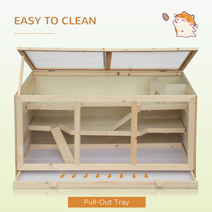 Wooden Hamster Cage Rat Cage with Slide, Tray, Natural Wood